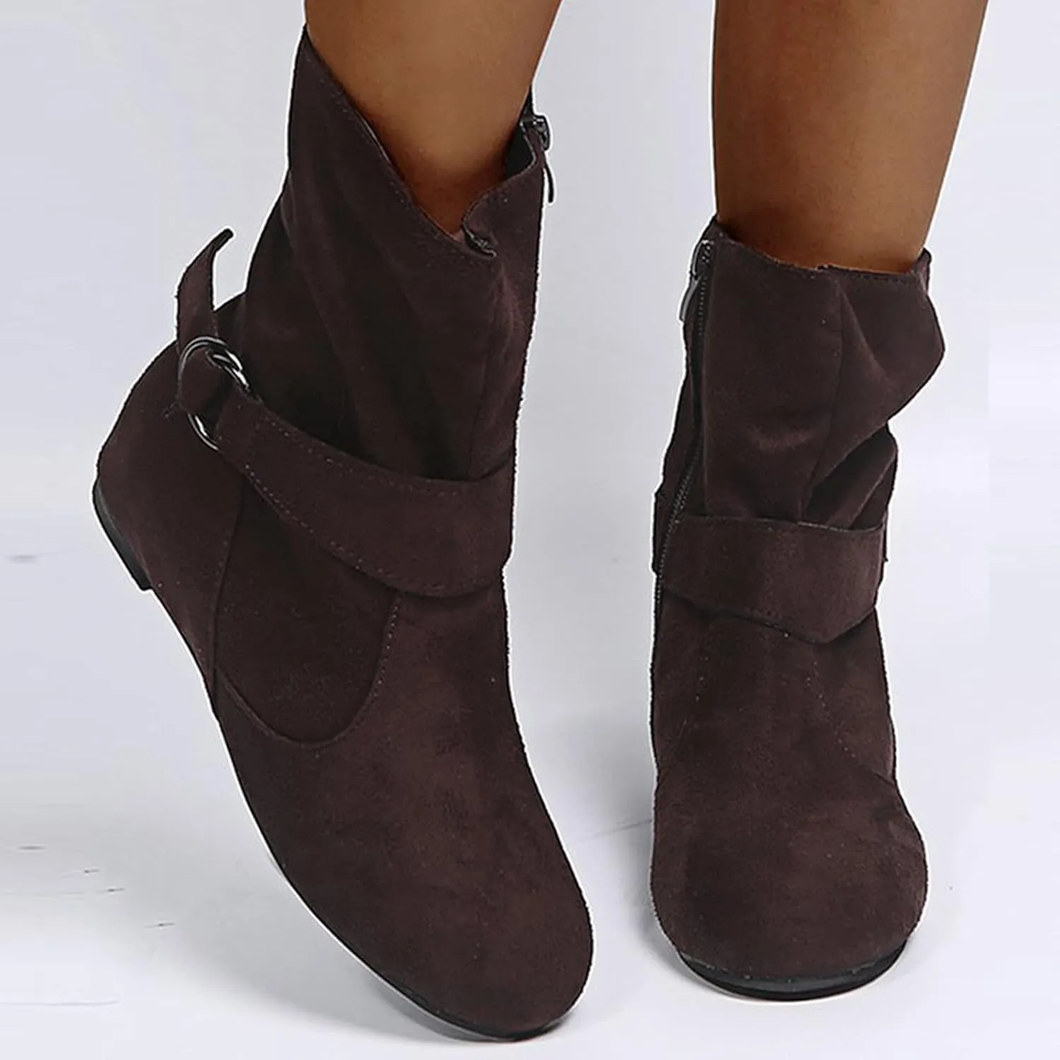 Vintage Leather Buckle Side Zip Ankle Boots for Women Flat Outdoor Hiking Suede Snow Mid Calf Boot Wide Winter Boot