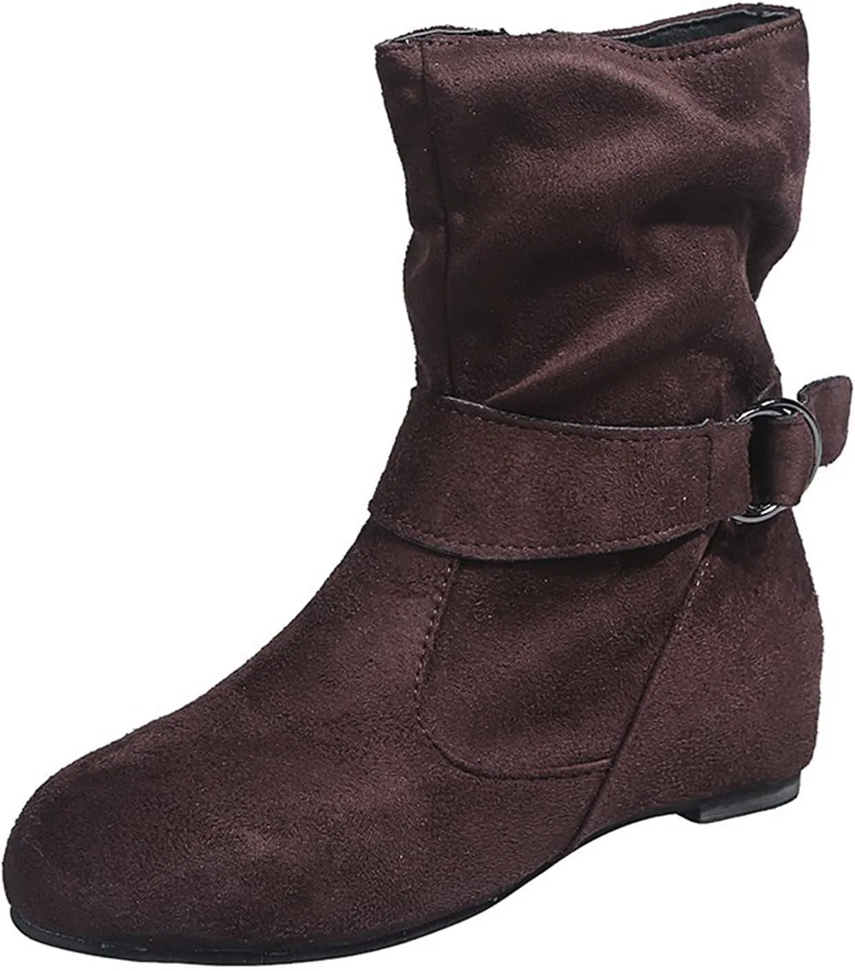 Vintage Leather Buckle Side Zip Ankle Boots for Women Flat Outdoor Hiking Suede Snow Mid Calf Boot Wide Winter Boot
