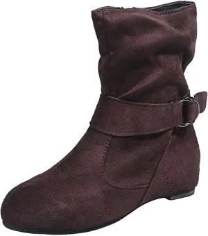 Vintage Leather Buckle Side Zip Ankle Boots for Women Flat Outdoor Hiking Suede Snow Mid Calf Boot Wide Winter Boot