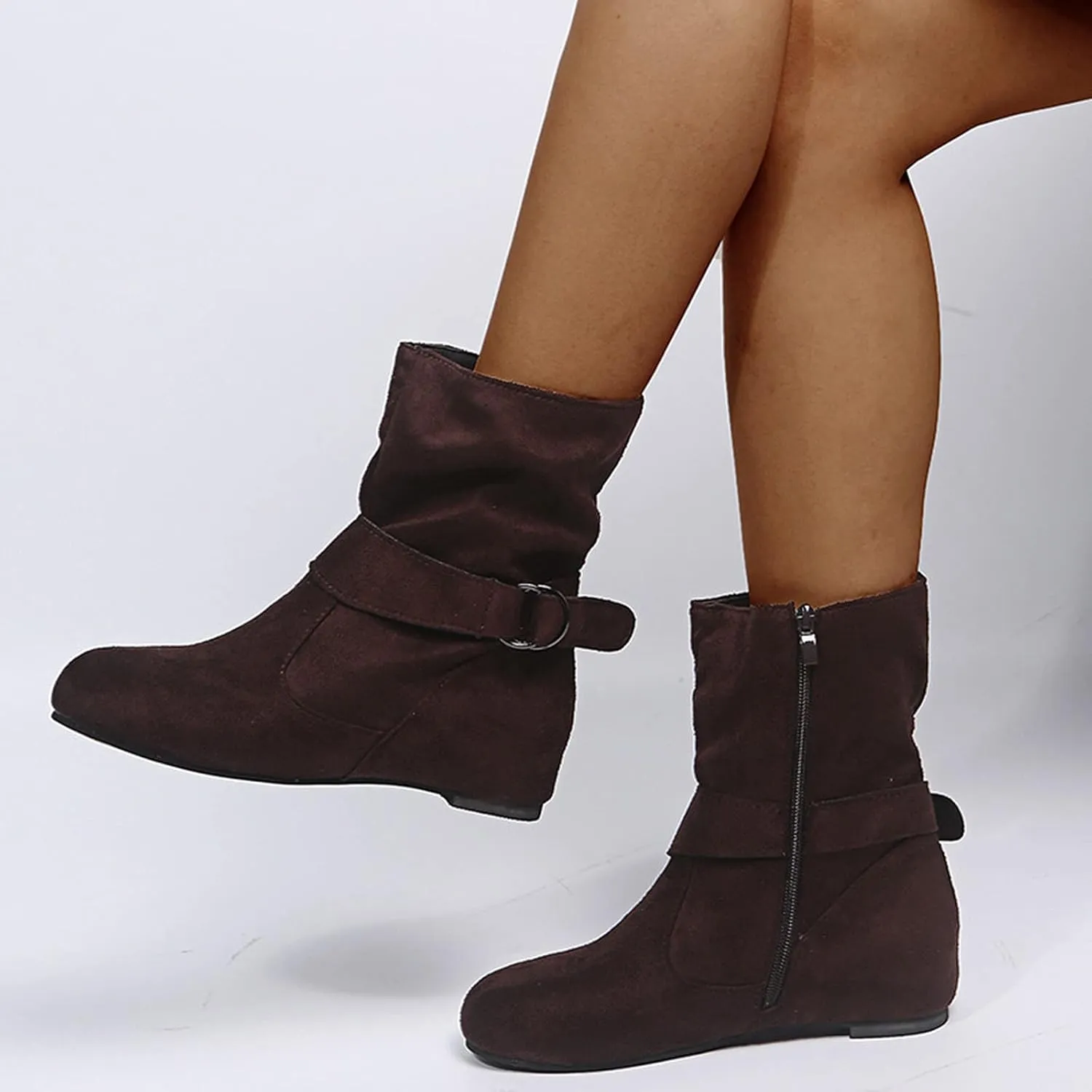 Vintage Leather Buckle Side Zip Ankle Boots for Women Flat Outdoor Hiking Suede Snow Mid Calf Boot Wide Winter Boot