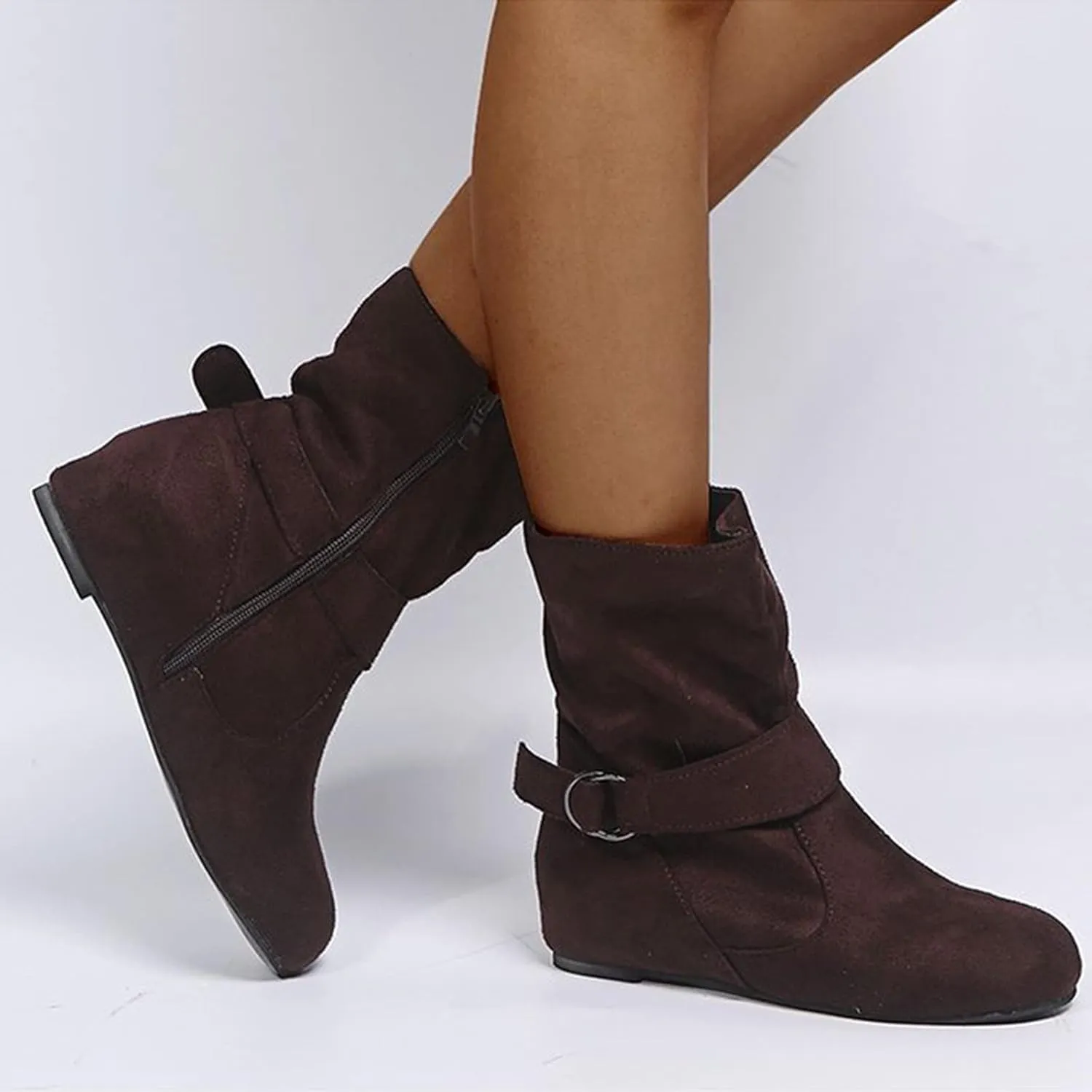 Vintage Leather Buckle Side Zip Ankle Boots for Women Flat Outdoor Hiking Suede Snow Mid Calf Boot Wide Winter Boot