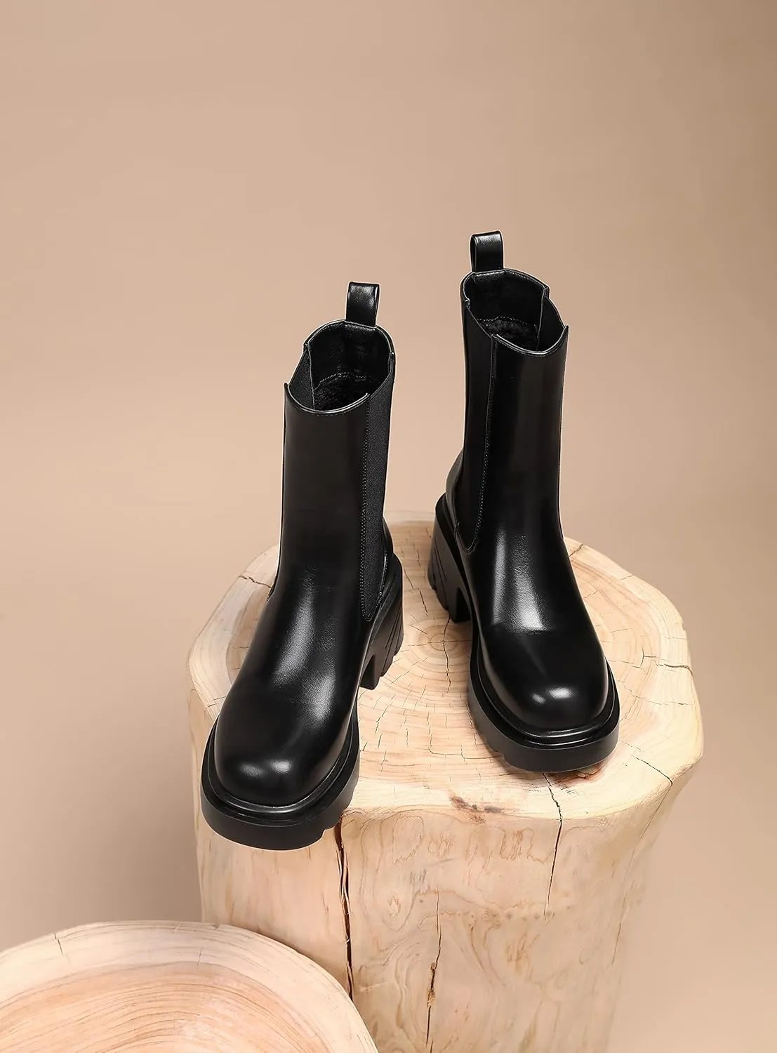 vivianly Womens Chelsea Boots Lug Sole Platform Mid Calf Boots Elastic Slip on Boots Block Heel Ankle Boots for Casual Wear, Costume