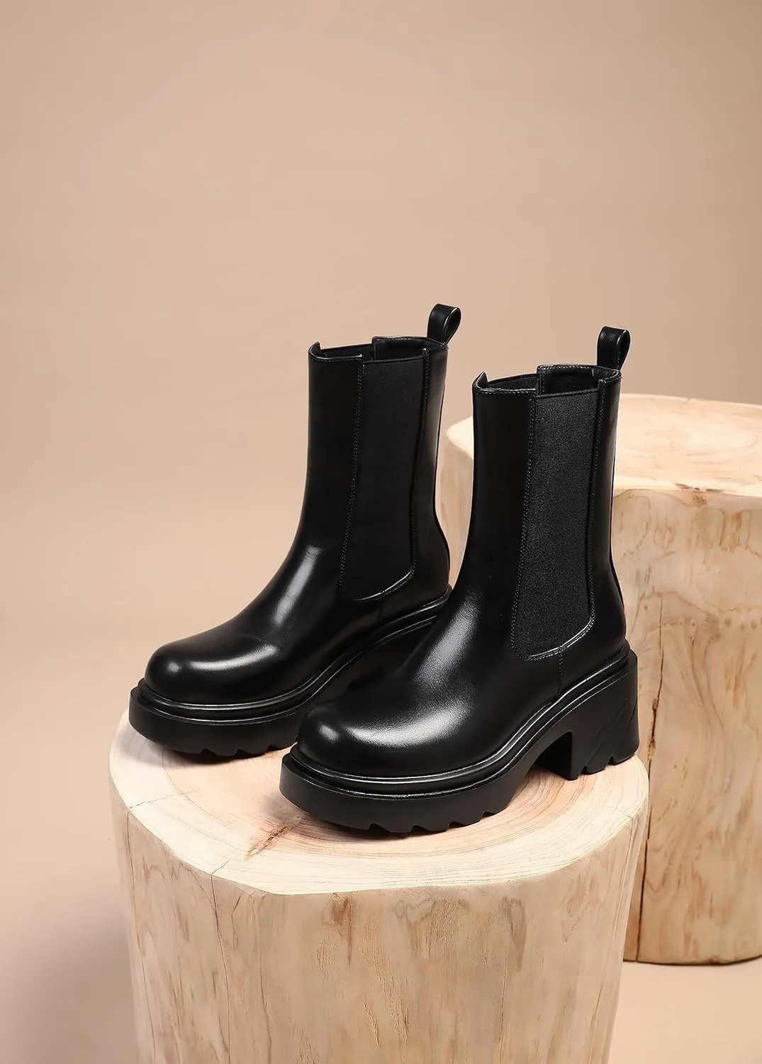 vivianly Womens Chelsea Boots Lug Sole Platform Mid Calf Boots Elastic Slip on Boots Block Heel Ankle Boots for Casual Wear, Costume