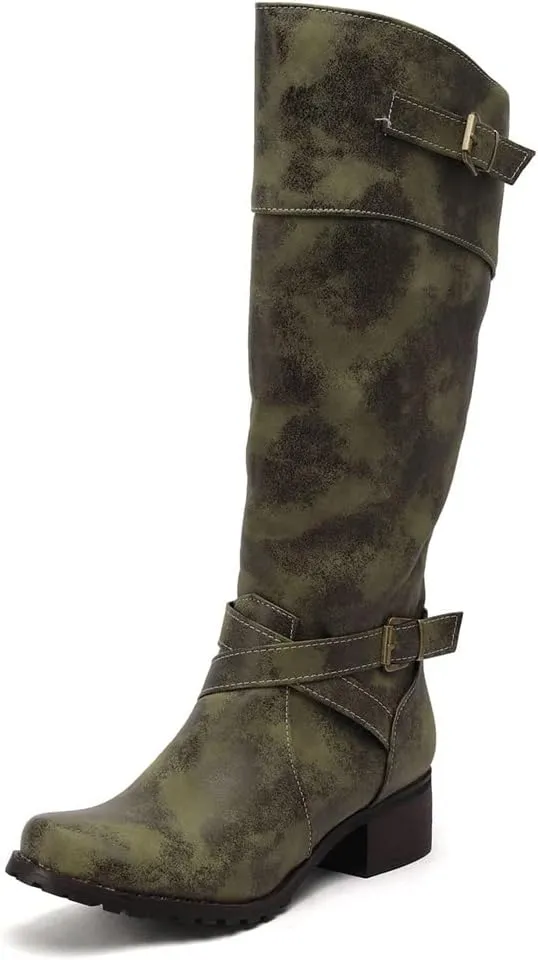 VULTRO Women's Wide Calf Comfortable Knee High Riding Boots Chunky Heel Side Zipper Buckle Stretchy Booties