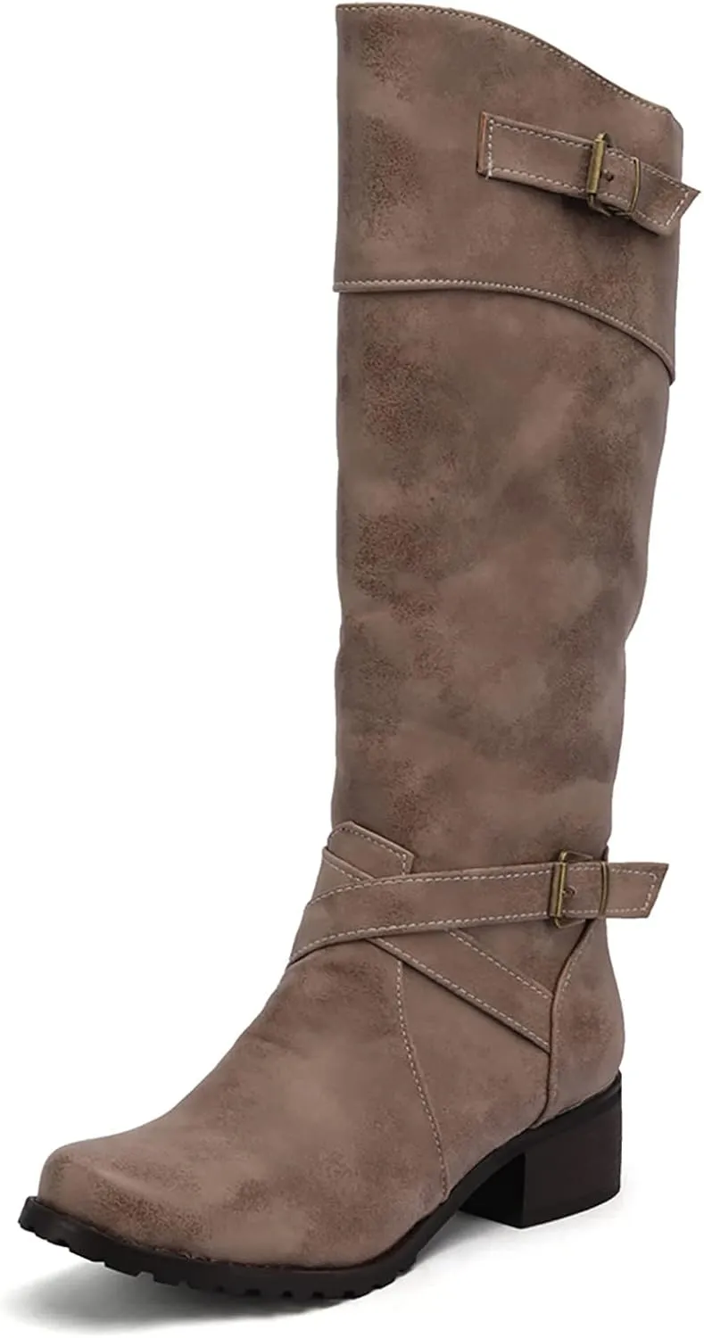 VULTRO Women's Wide Calf Comfortable Knee High Riding Boots Chunky Heel Side Zipper Buckle Stretchy Booties