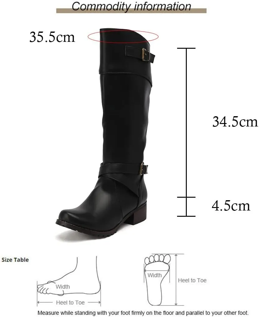 VULTRO Women's Wide Calf Comfortable Knee High Riding Boots Chunky Heel Side Zipper Buckle Stretchy Booties