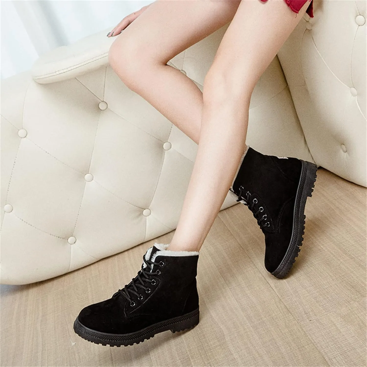 Winter Snow Ankle Boots for Women Warm Fur Lined Lace Up Booties Non-slip Combat Walking Bootie Sherpa Fleece Shoes