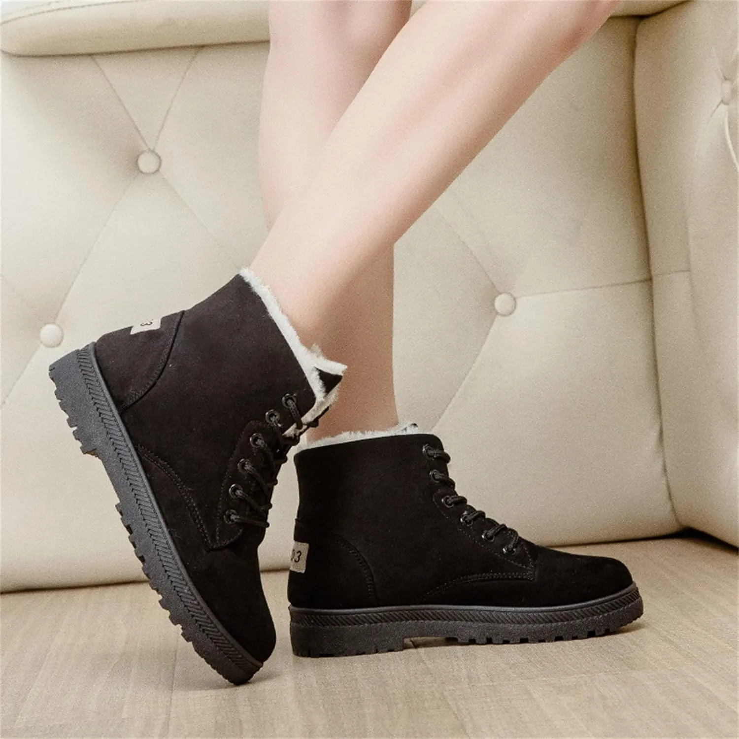 Winter Snow Ankle Boots for Women Warm Fur Lined Lace Up Booties Non-slip Combat Walking Bootie Sherpa Fleece Shoes