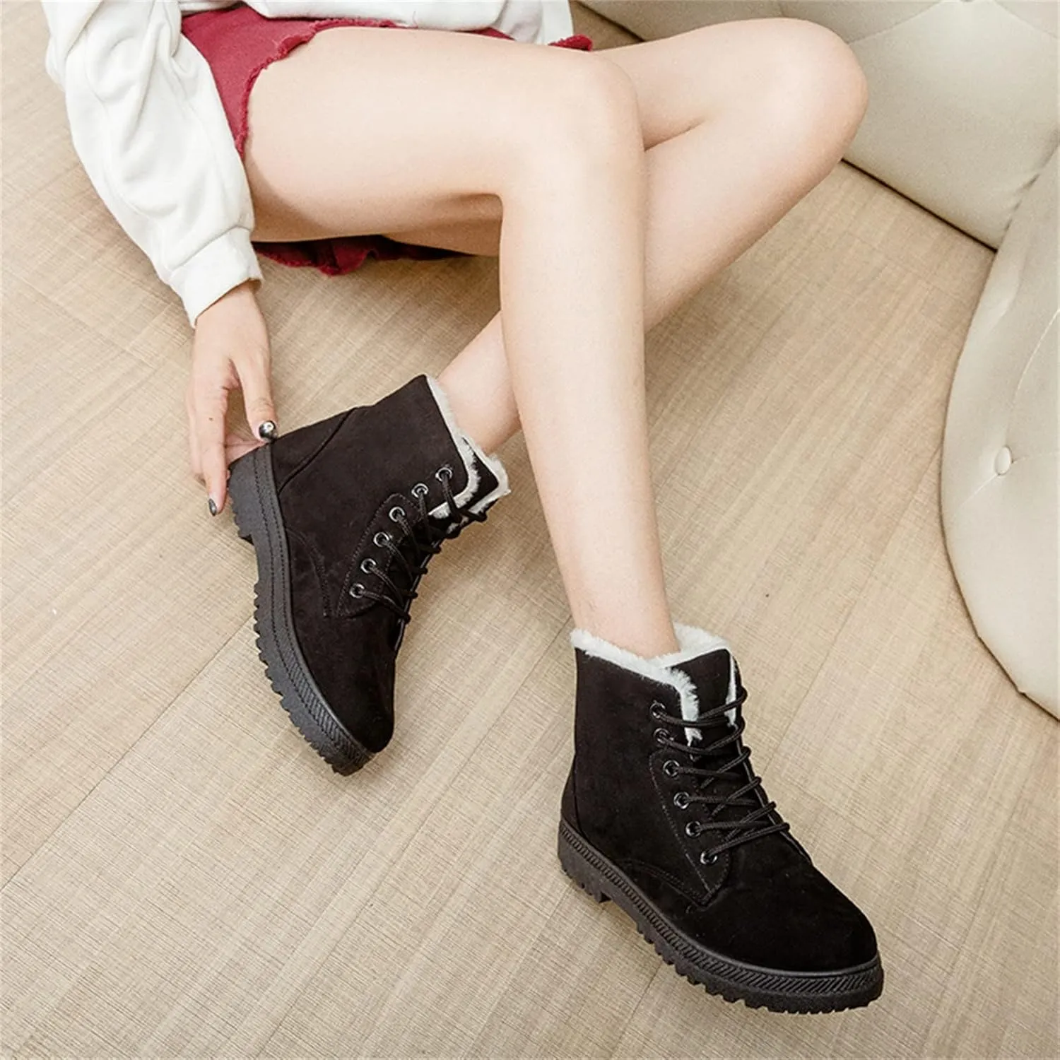 Winter Snow Ankle Boots for Women Warm Fur Lined Lace Up Booties Non-slip Combat Walking Bootie Sherpa Fleece Shoes