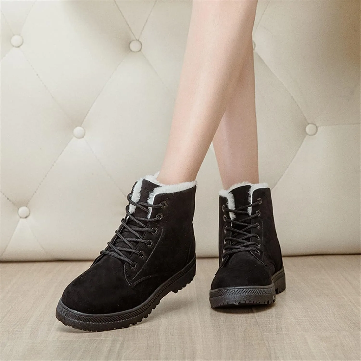 Winter Snow Ankle Boots for Women Warm Fur Lined Lace Up Booties Non-slip Combat Walking Bootie Sherpa Fleece Shoes
