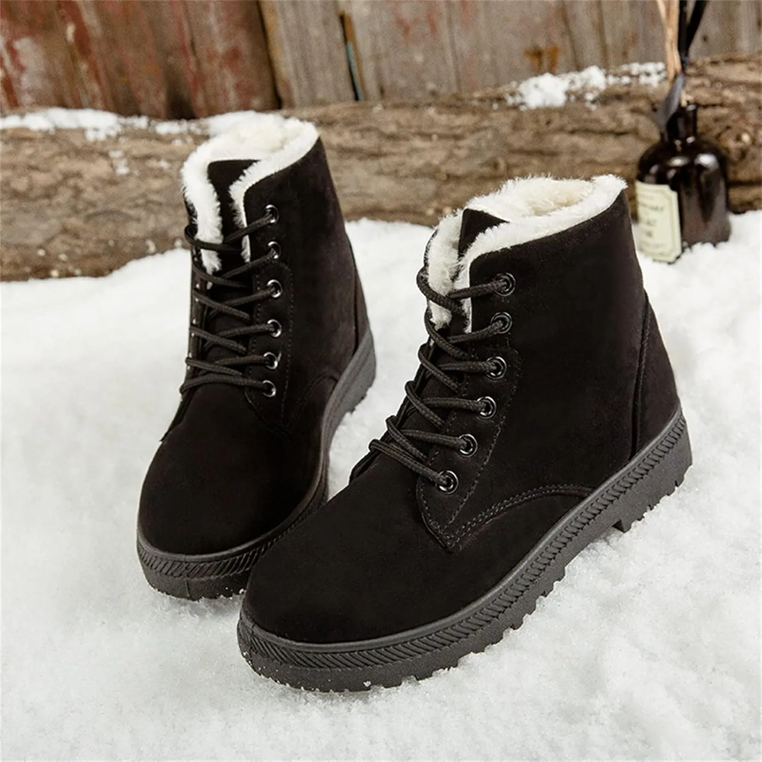 Winter Snow Ankle Boots for Women Warm Fur Lined Lace Up Booties Non-slip Combat Walking Bootie Sherpa Fleece Shoes