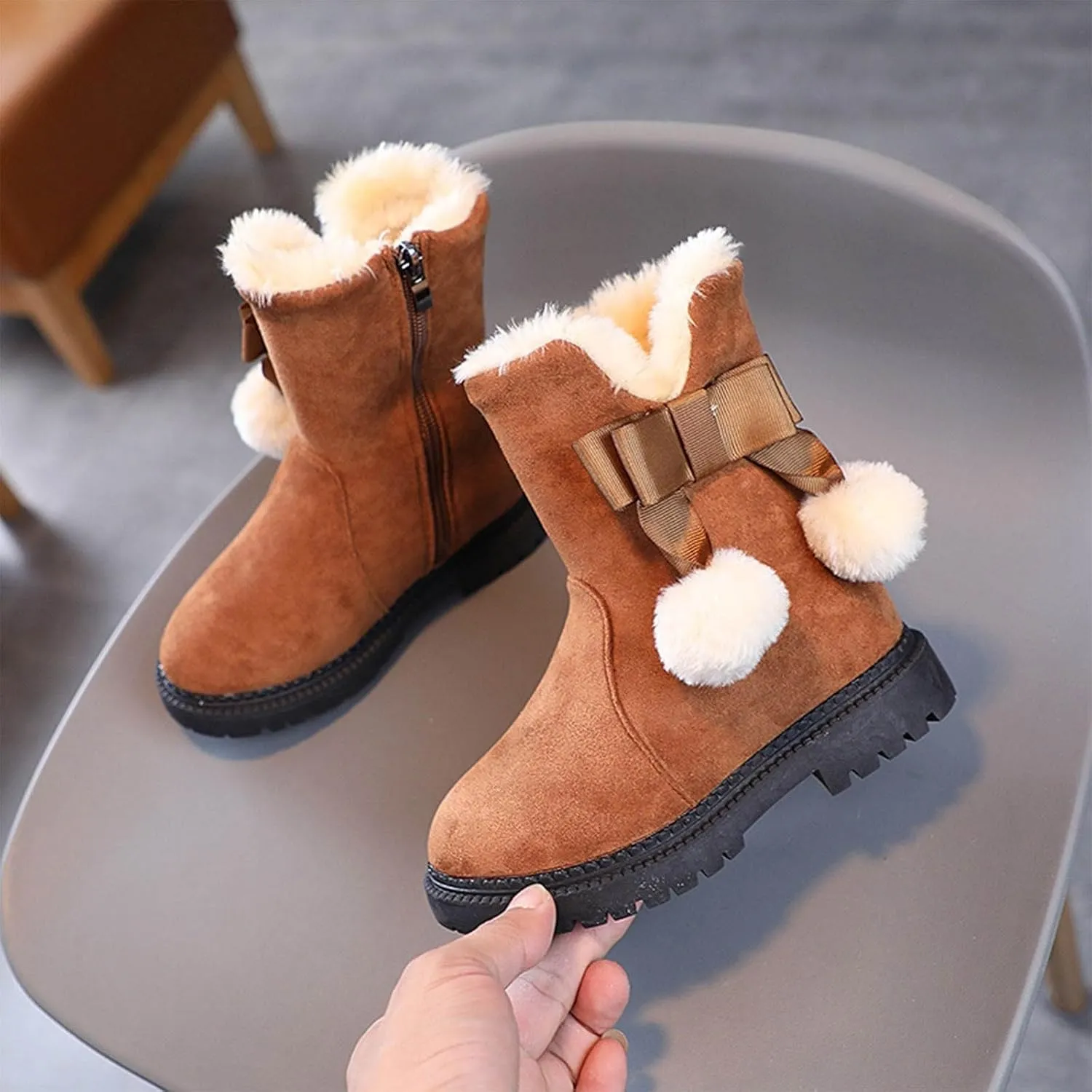 Winter Warm Boots for Girls Fuzzy Fleece Lined Cute Snow Boots Side Zipper Mid Calf Booties for Little Kids Big Kid