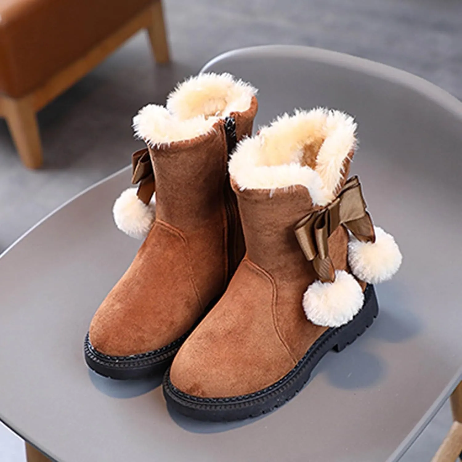 Winter Warm Boots for Girls Fuzzy Fleece Lined Cute Snow Boots Side Zipper Mid Calf Booties for Little Kids Big Kid