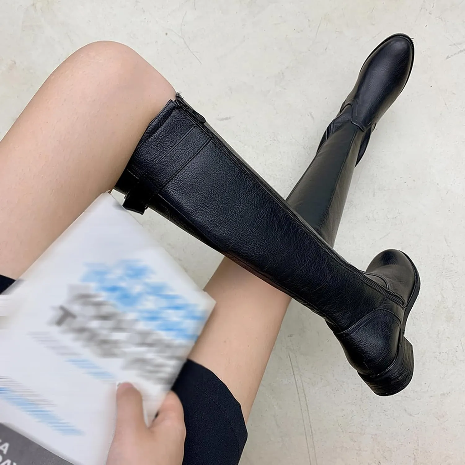 Women Classic Knee High Biker Boots with Zipper