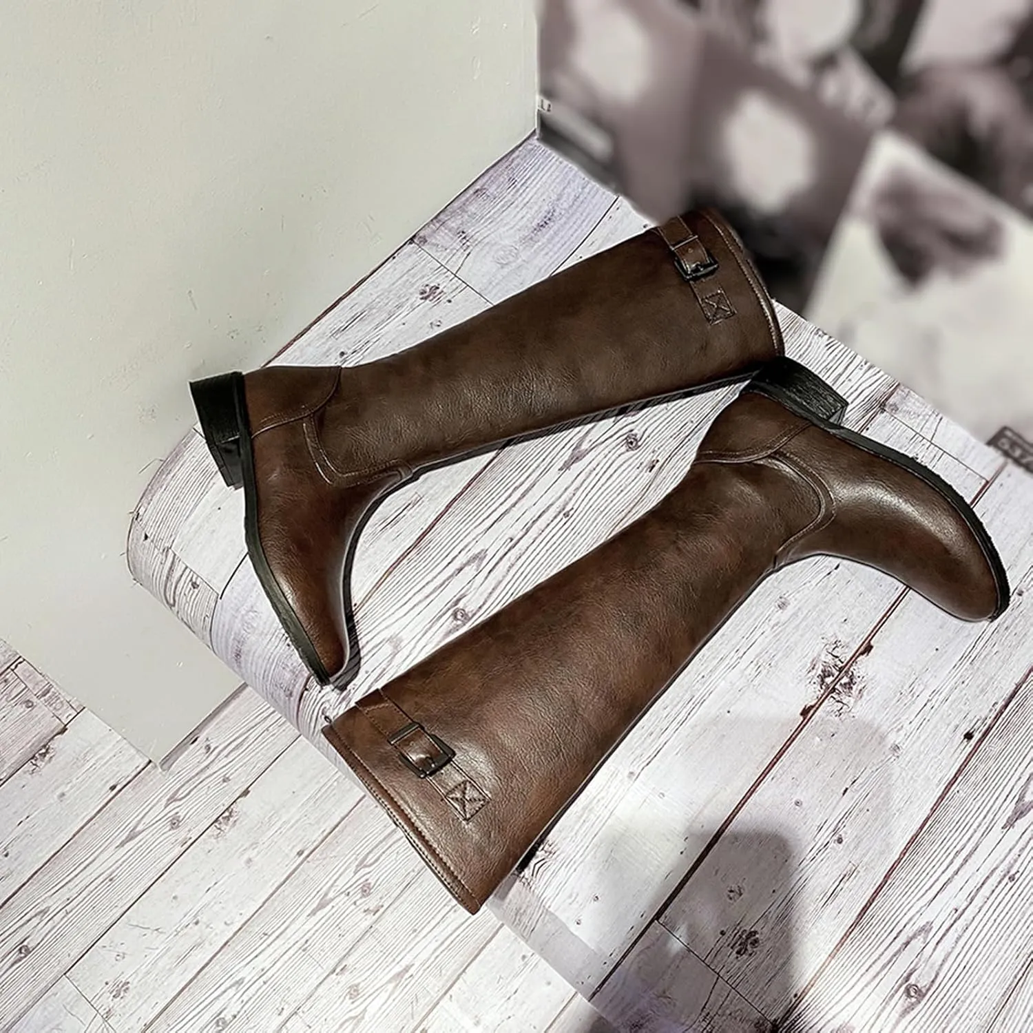 Women Classic Knee High Biker Boots with Zipper