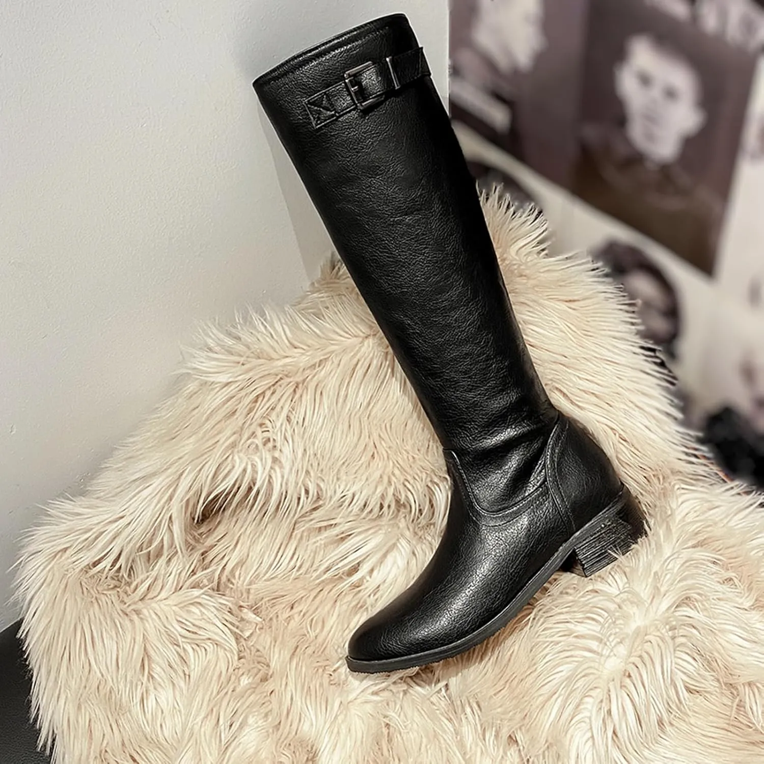 Women Classic Knee High Biker Boots with Zipper