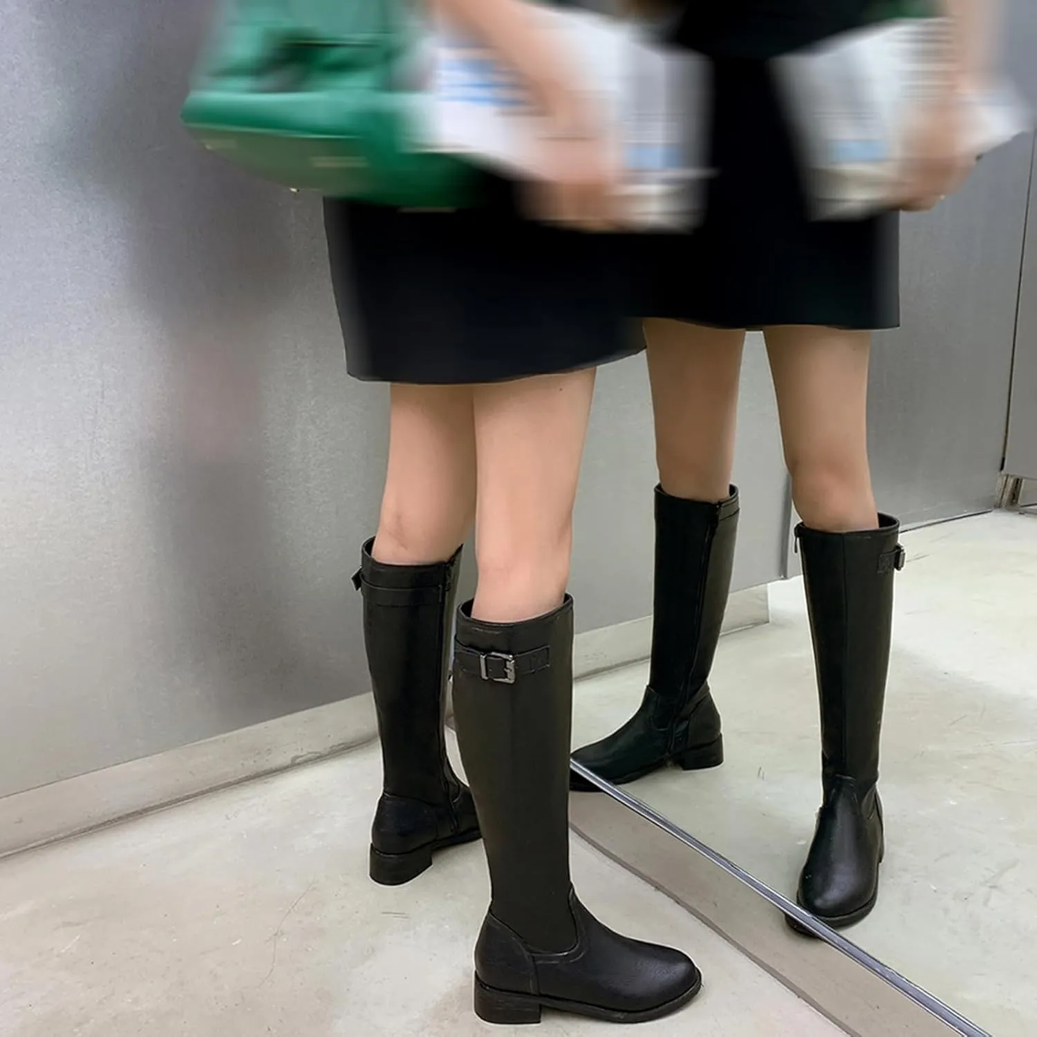 Women Classic Knee High Biker Boots with Zipper