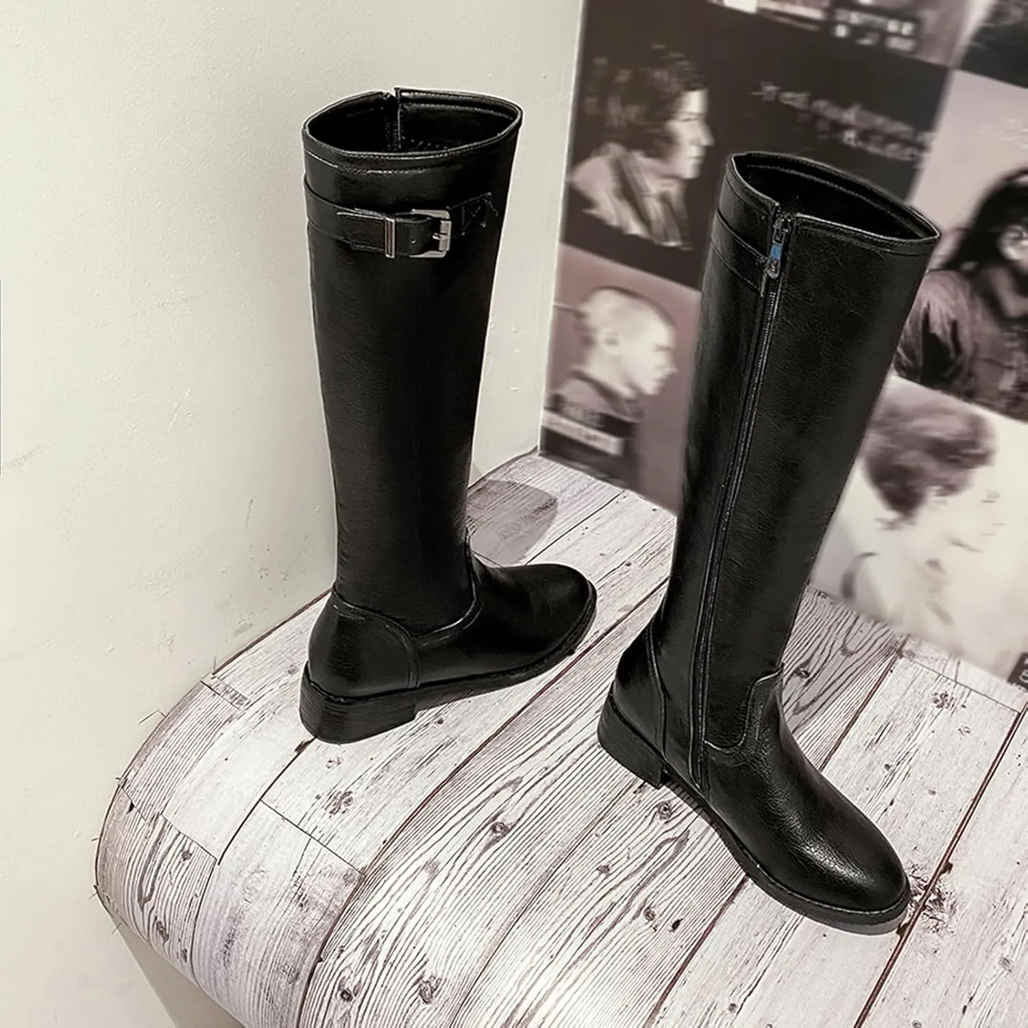 Women Classic Knee High Biker Boots with Zipper