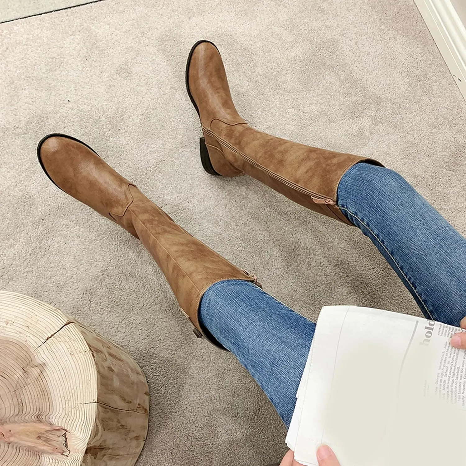 Women Classic Knee High Biker Boots with Zipper
