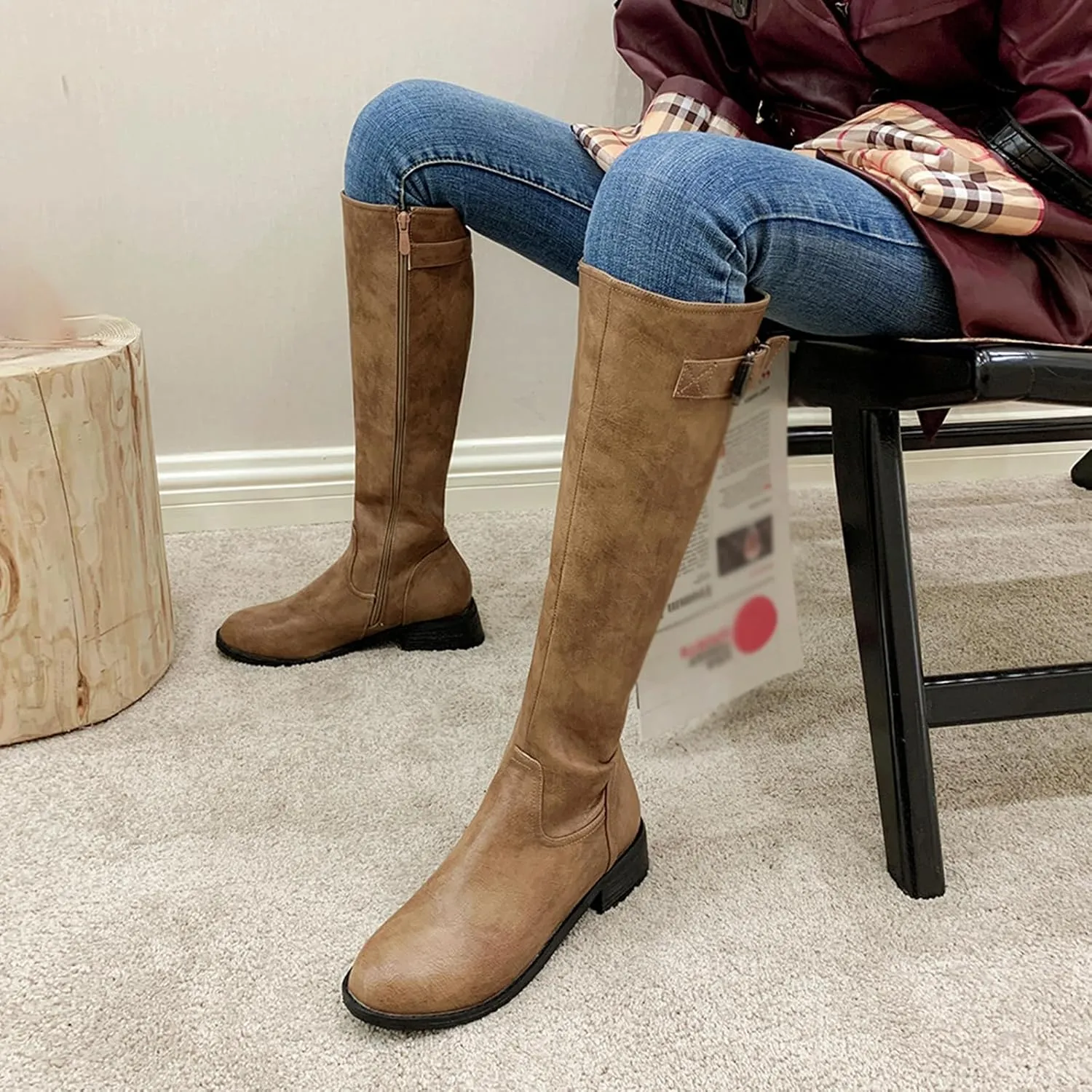 Women Classic Knee High Biker Boots with Zipper
