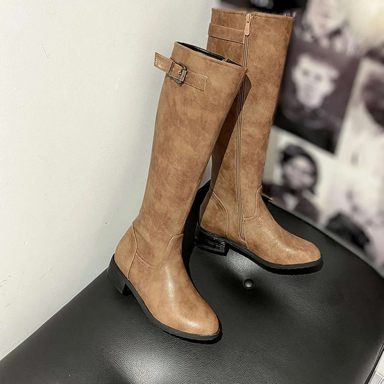 Women Classic Knee High Biker Boots with Zipper