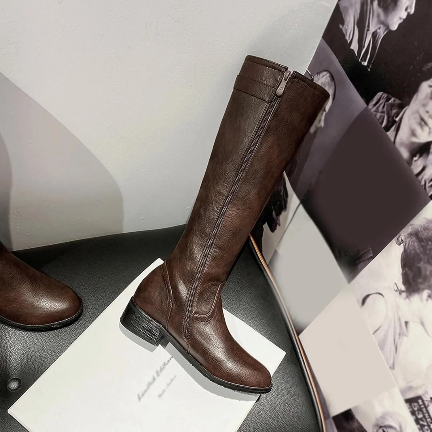 Women Classic Knee High Biker Boots with Zipper