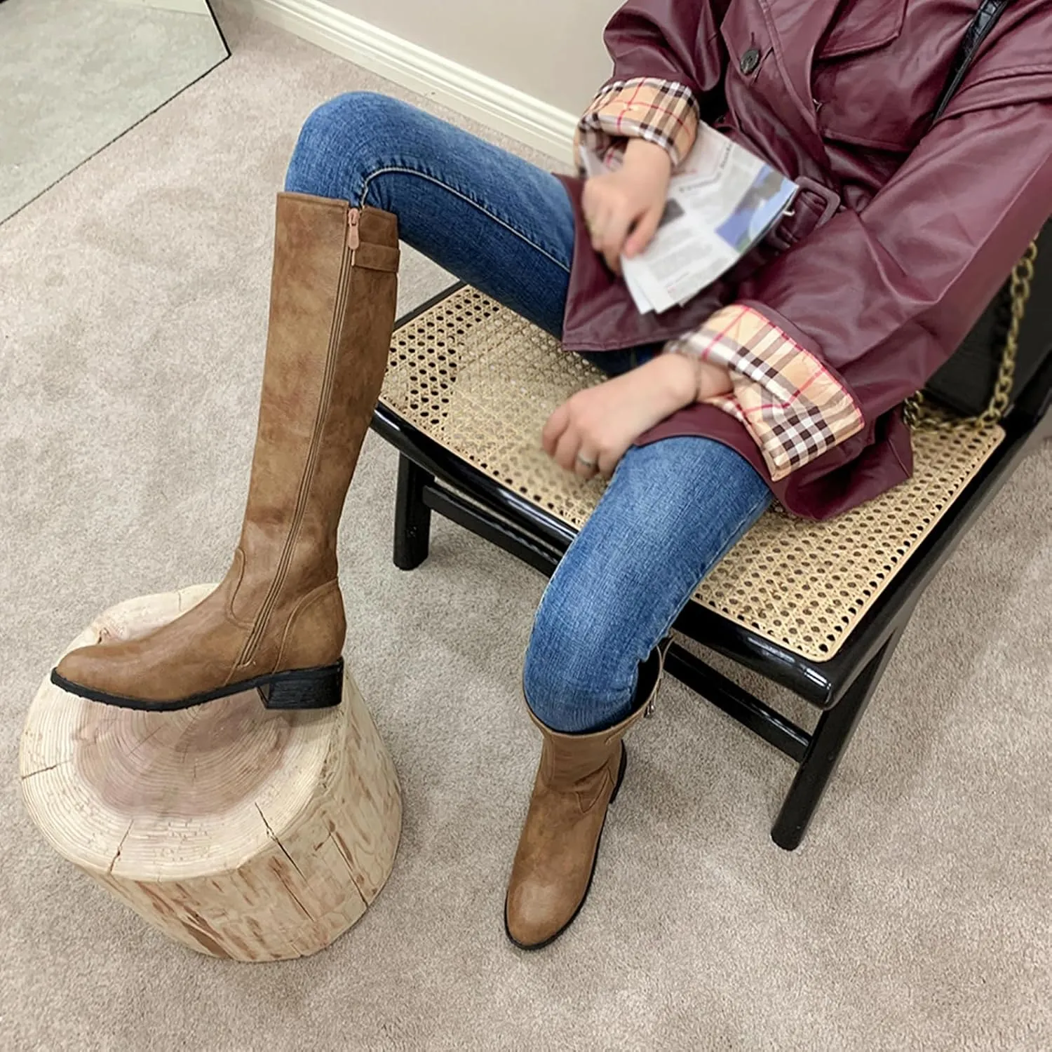 Women Classic Knee High Biker Boots with Zipper