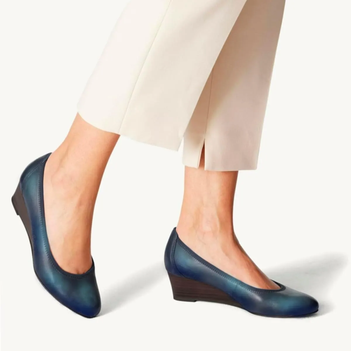 Women Comfortable Wedge Pumps Low Heel Closed Almond Toe Slip On Wedge Sandals Two-Toned Matte Leather Dress Shoes Office Ladies Work Wedding Party Dance Shoe Formal Classic Fall 4-11 M US