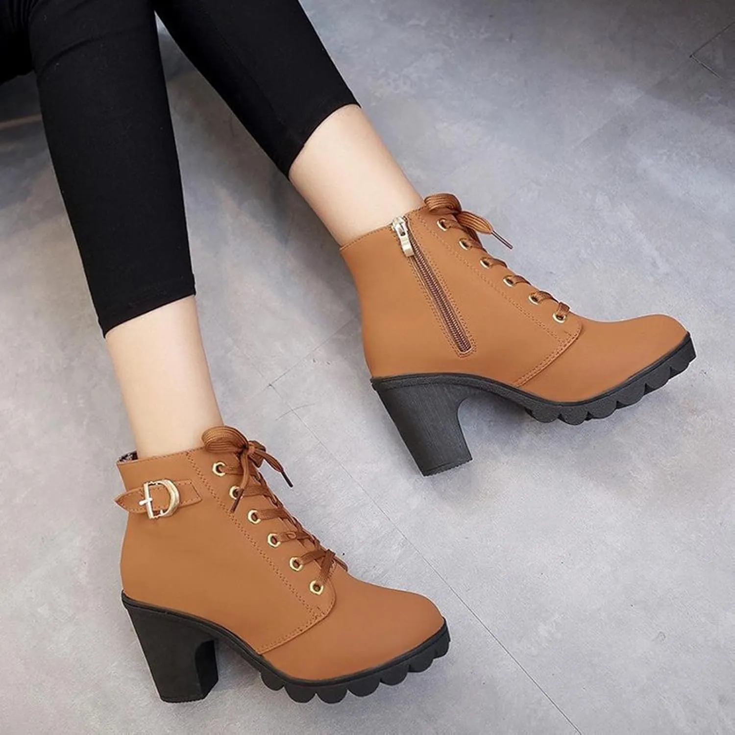 Women Lace Up Ankle Boots Chunky Heel Zip Up Buckle Booties Suede Zipper Bootie Elegant High Heel Short Boot Shoes