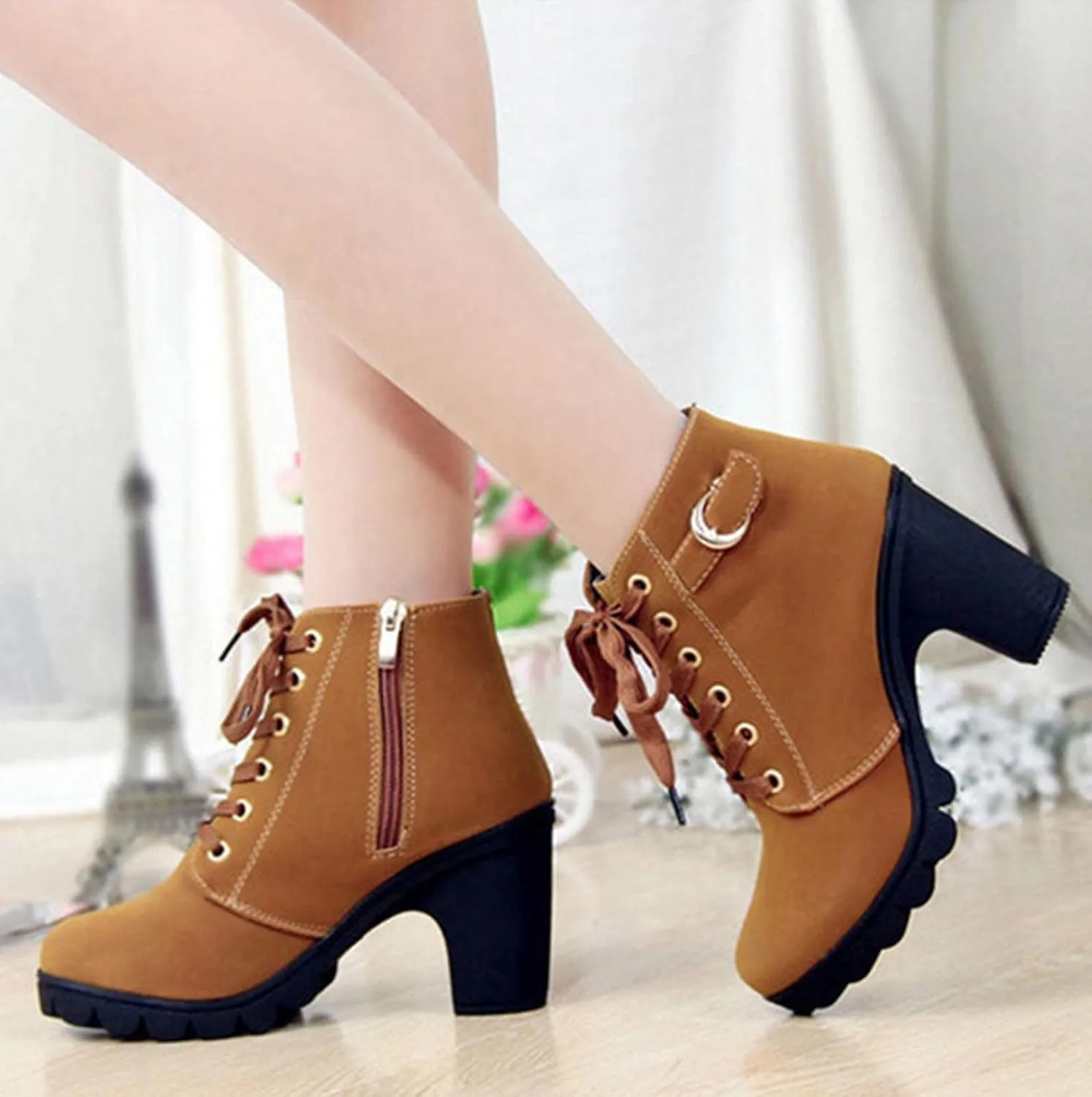 Women Lace Up Ankle Boots Chunky Heel Zip Up Buckle Booties Suede Zipper Bootie Elegant High Heel Short Boot Shoes