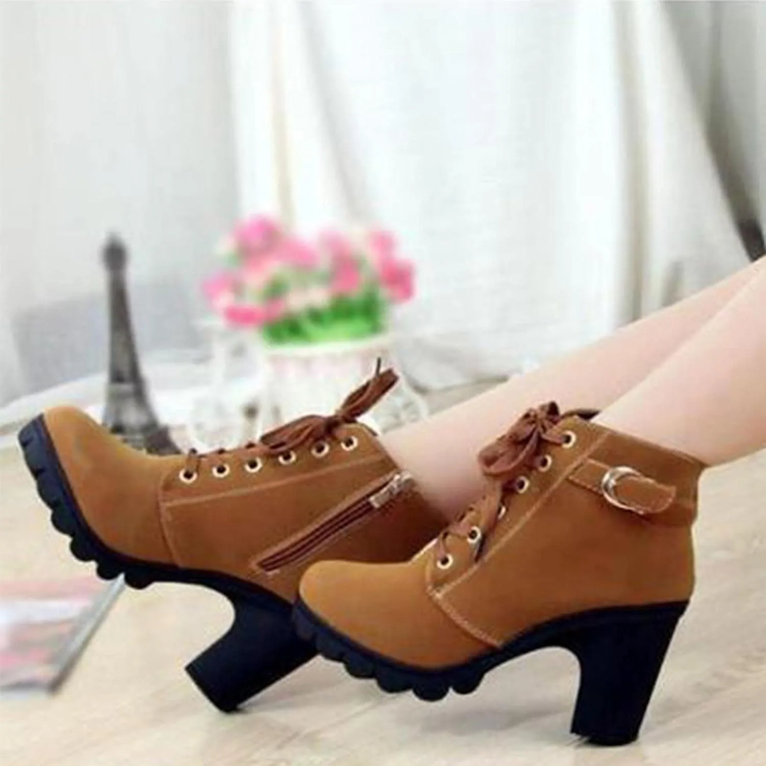 Women Lace Up Ankle Boots Chunky Heel Zip Up Buckle Booties Suede Zipper Bootie Elegant High Heel Short Boot Shoes