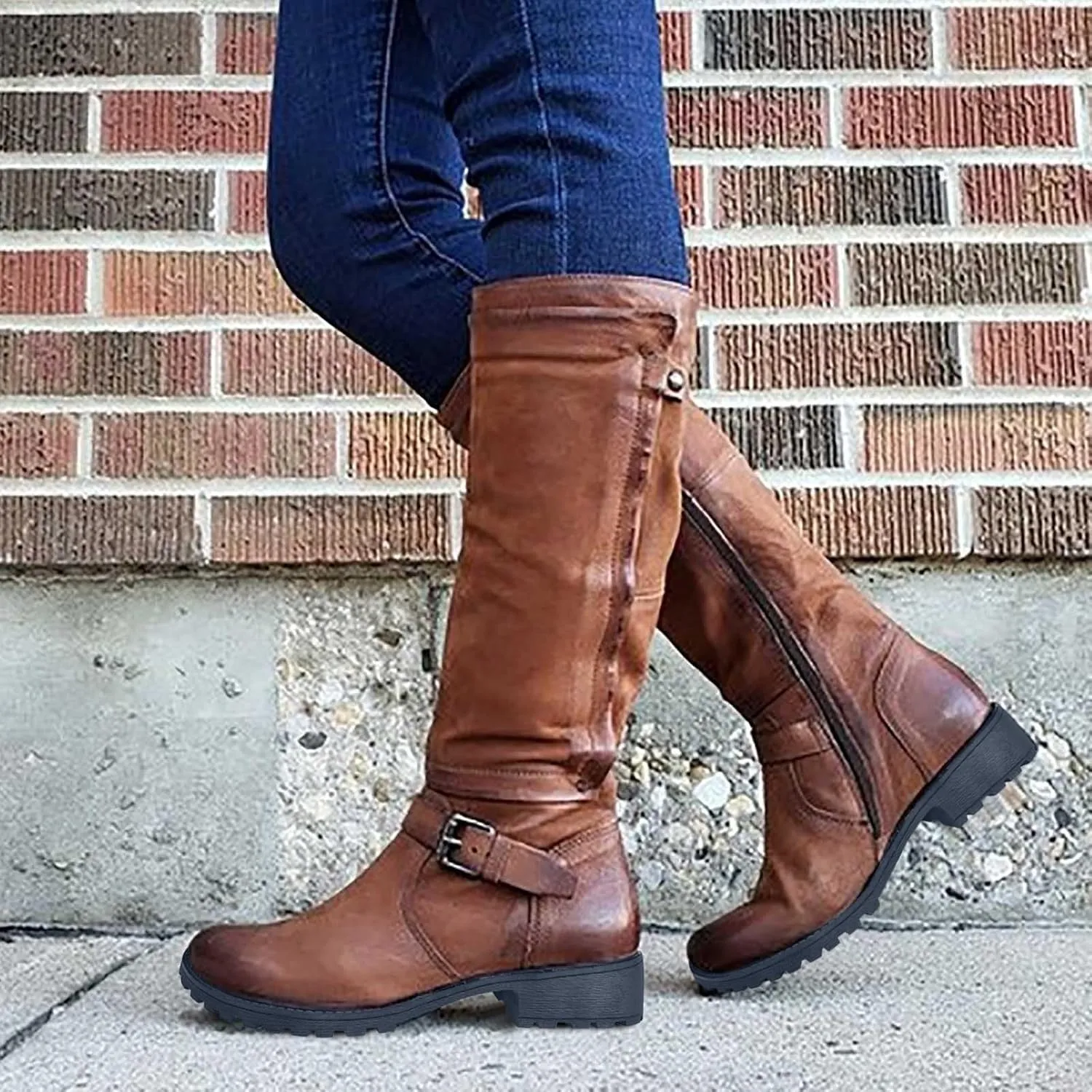 Women Low Heel Knee High Boots Fall Winter Warm Long Boot Lug Sole Non-Slip Riding Booties Shoes Comfy Walking Boots