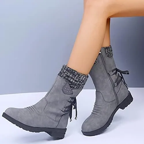 Women Mid Calf Snow Boots Fall Winter Anti-slip Walking Bootie Shoes Zipper Suede Boot Fashion Slouch Flat Booties