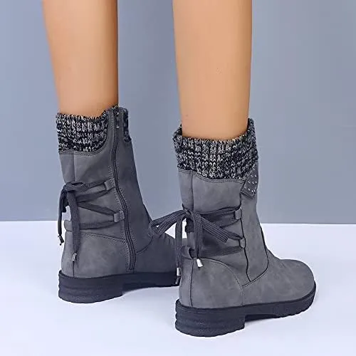 Women Mid Calf Snow Boots Fall Winter Anti-slip Walking Bootie Shoes Zipper Suede Boot Fashion Slouch Flat Booties
