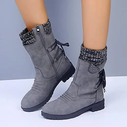 Women Mid Calf Snow Boots Fall Winter Anti-slip Walking Bootie Shoes Zipper Suede Boot Fashion Slouch Flat Booties