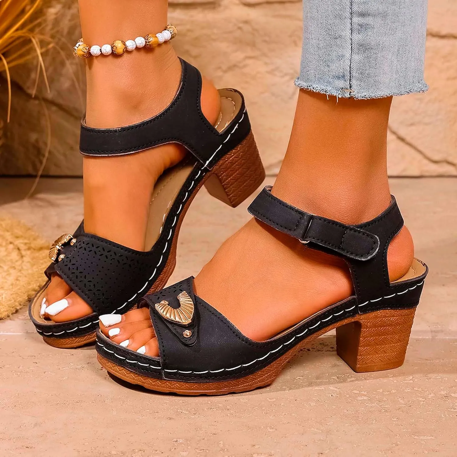 Women Summer High Heel Sandals Open Toe Strappy Dressy Casual Comfortable Breathable Fashion Footwear for Outing