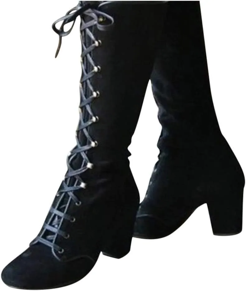 Women Vintage Victorian Gothic Mid Calf Height Boots Casual Lace up Thick High Heels Booties Winter Warm Shoes