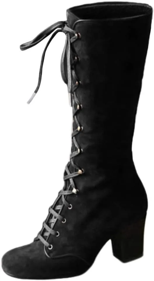 Women Vintage Victorian Gothic Mid Calf Height Boots Casual Lace up Thick High Heels Booties Winter Warm Shoes
