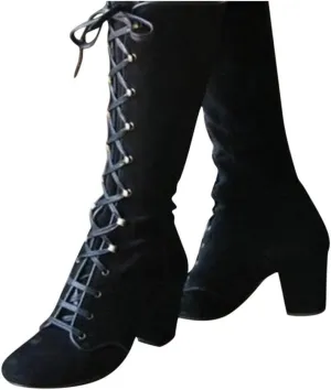 Women Vintage Victorian Gothic Mid Calf Height Boots Casual Lace up Thick High Heels Booties Winter Warm Shoes