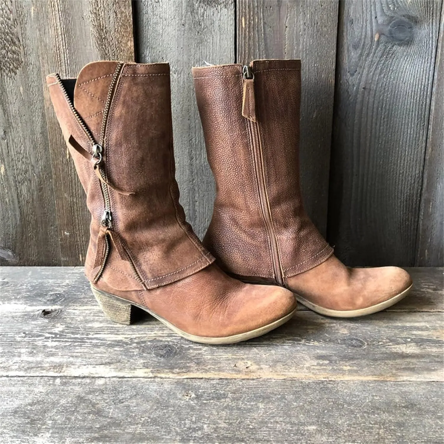 Women Western Cowboy Mid Calf Booties Vintage Suede Boots Zipper Chunky Low Heel Bootie Shoes Walking Boot