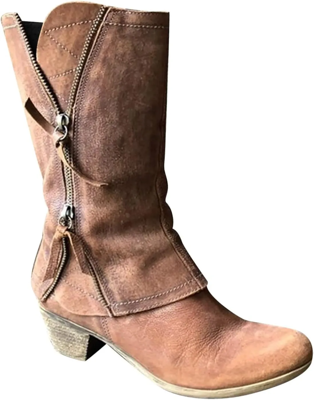 Women Western Cowboy Mid Calf Booties Vintage Suede Boots Zipper Chunky Low Heel Bootie Shoes Walking Boot