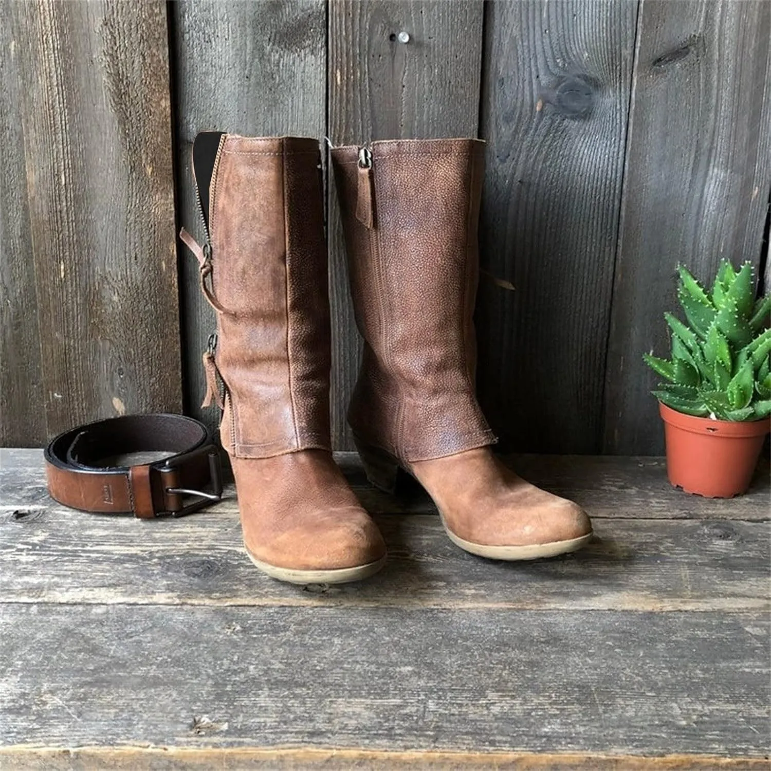 Women Western Cowboy Mid Calf Booties Vintage Suede Boots Zipper Chunky Low Heel Bootie Shoes Walking Boot