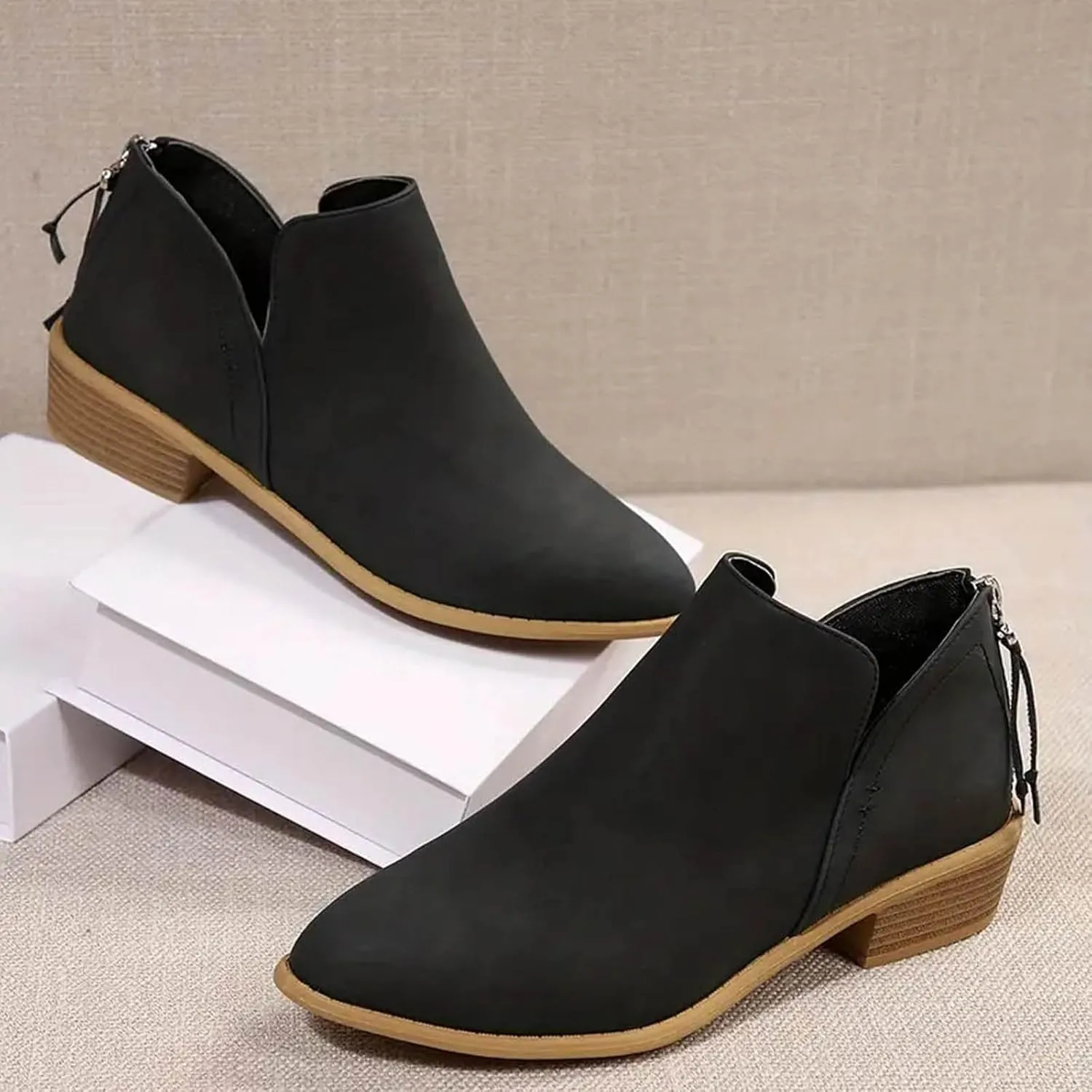 Women's Ankle Booties Fashion Round Toe V Cut Out Slip On Chunky Mid Heels Cowboy Boots Walking Shoes For Women Ladies Bohemian Beach Travel Sandals Fall Winter Shoes