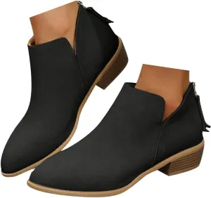 Women's Ankle Booties Fashion Round Toe V Cut Out Slip On Chunky Mid Heels Cowboy Boots Walking Shoes For Women Ladies Bohemian Beach Travel Sandals Fall Winter Shoes