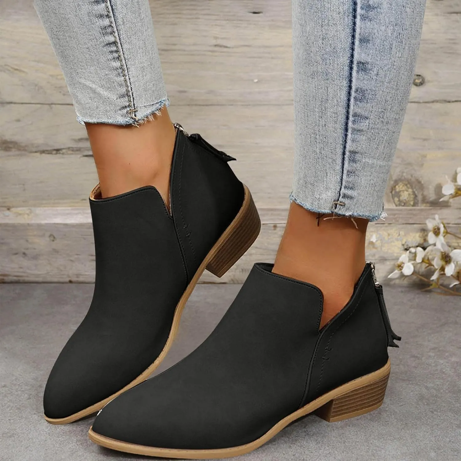 Women's Ankle Booties Fashion Round Toe V Cut Out Slip On Chunky Mid Heels Cowboy Boots Walking Shoes For Women Ladies Bohemian Beach Travel Sandals Fall Winter Shoes