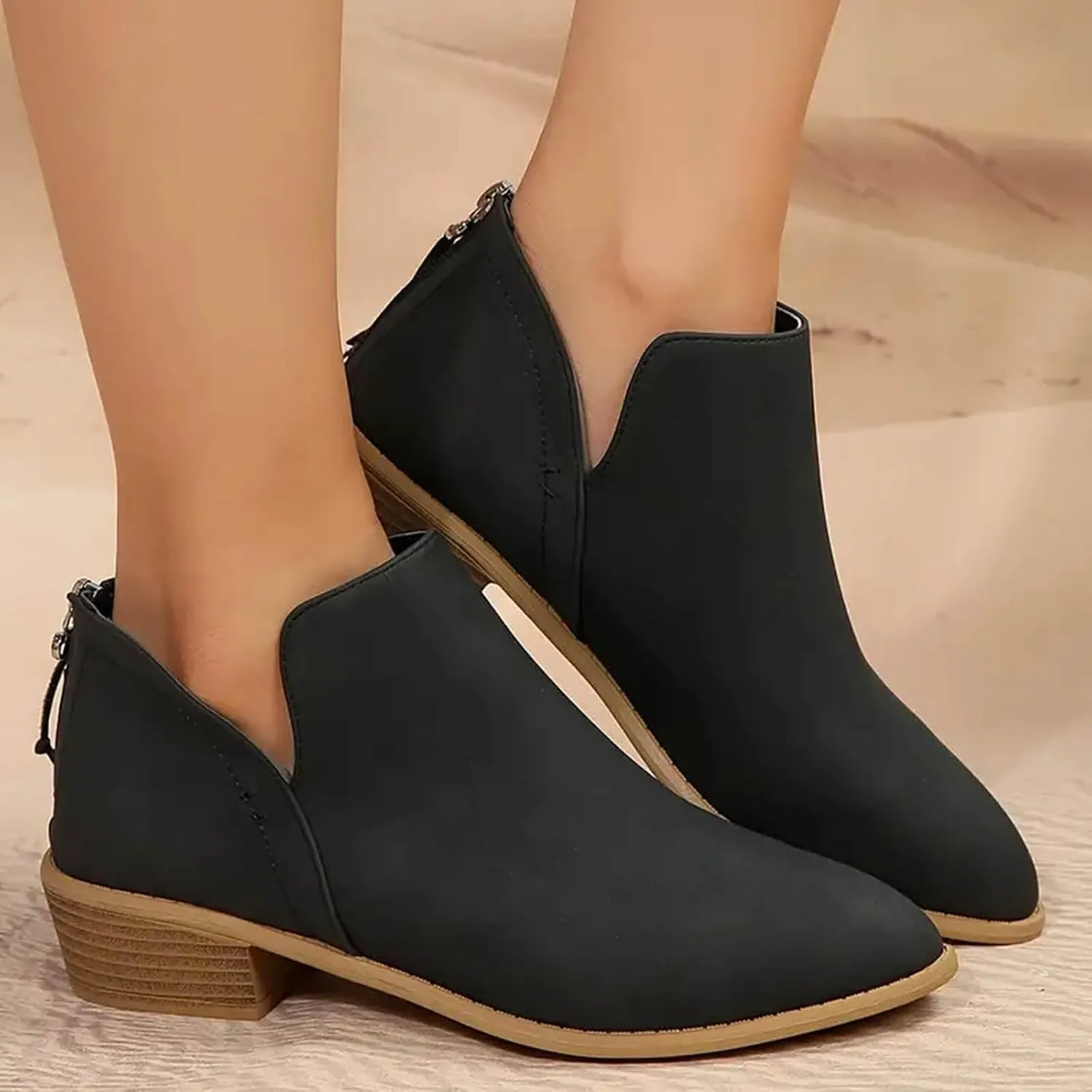 Women's Ankle Booties Fashion Round Toe V Cut Out Slip On Chunky Mid Heels Cowboy Boots Walking Shoes For Women Ladies Bohemian Beach Travel Sandals Fall Winter Shoes