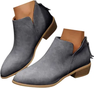 Women's Ankle Booties Fashion Round Toe V Cut Out Slip On Chunky Mid Heels Cowboy Boots Walking Shoes For Women Ladies Bohemian Beach Travel Sandals Fall Winter Shoes