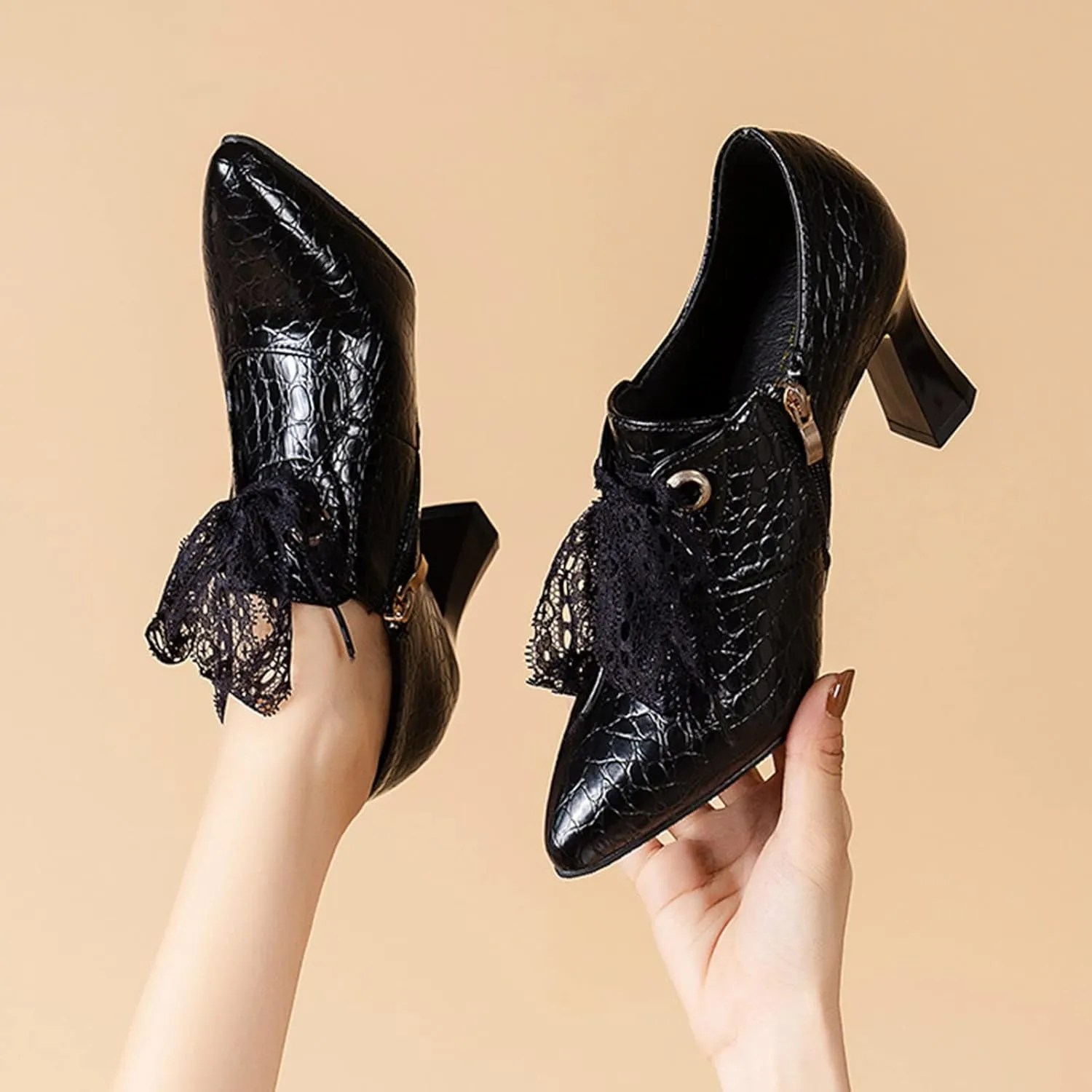 Women's Ankle Boots Lace Up Chunky Heel Loafers Pointed Toe Lightweight Comfort Booties Slip on Ladies Dress Boots Vintage Fall Winter Casual Boot