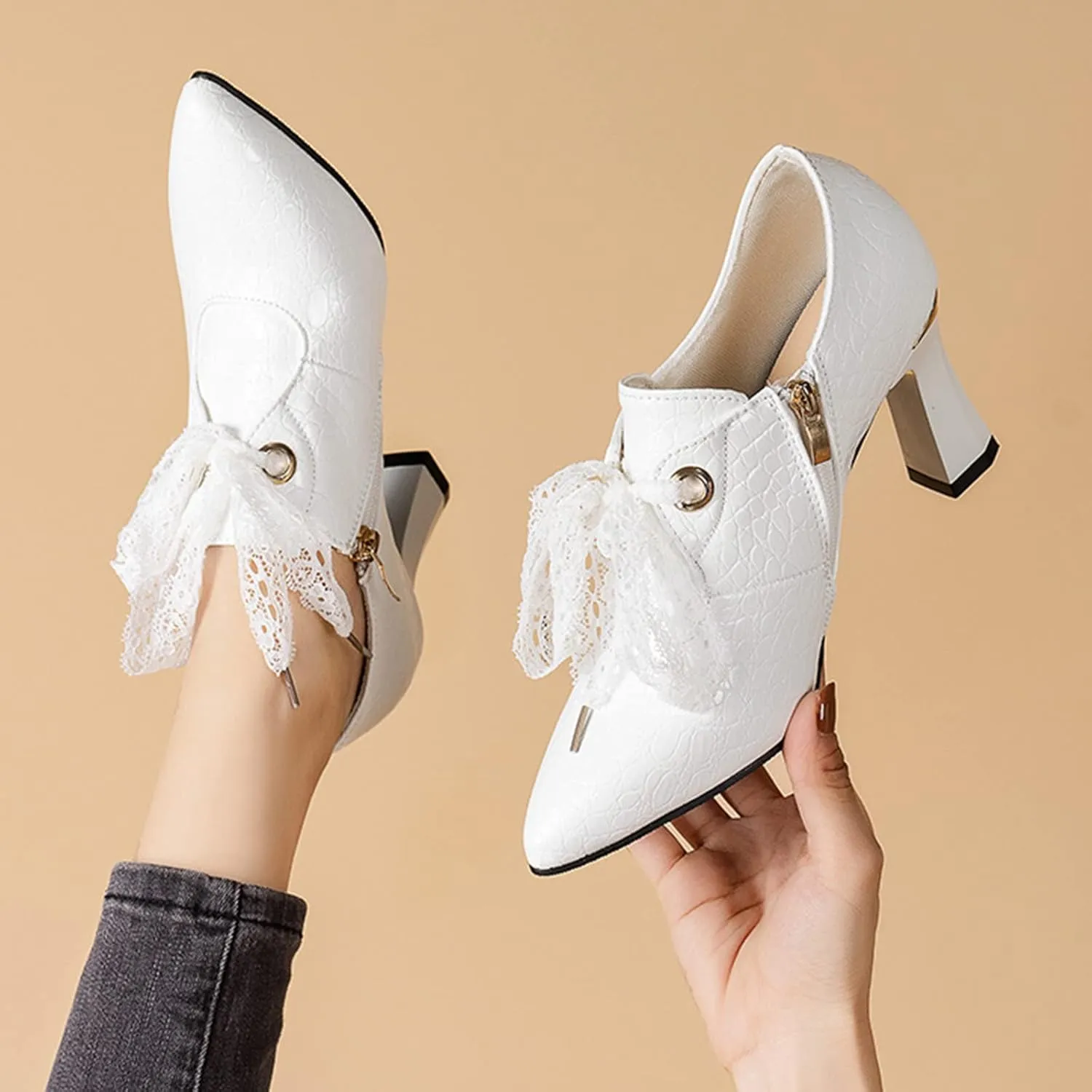 Women's Ankle Boots Lace Up Chunky Heel Loafers Pointed Toe Lightweight Comfort Booties Slip on Ladies Dress Boots Vintage Fall Winter Casual Boot