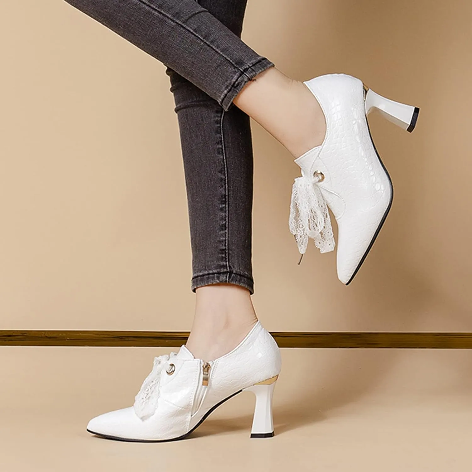 Women's Ankle Boots Lace Up Chunky Heel Loafers Pointed Toe Lightweight Comfort Booties Slip on Ladies Dress Boots Vintage Fall Winter Casual Boot